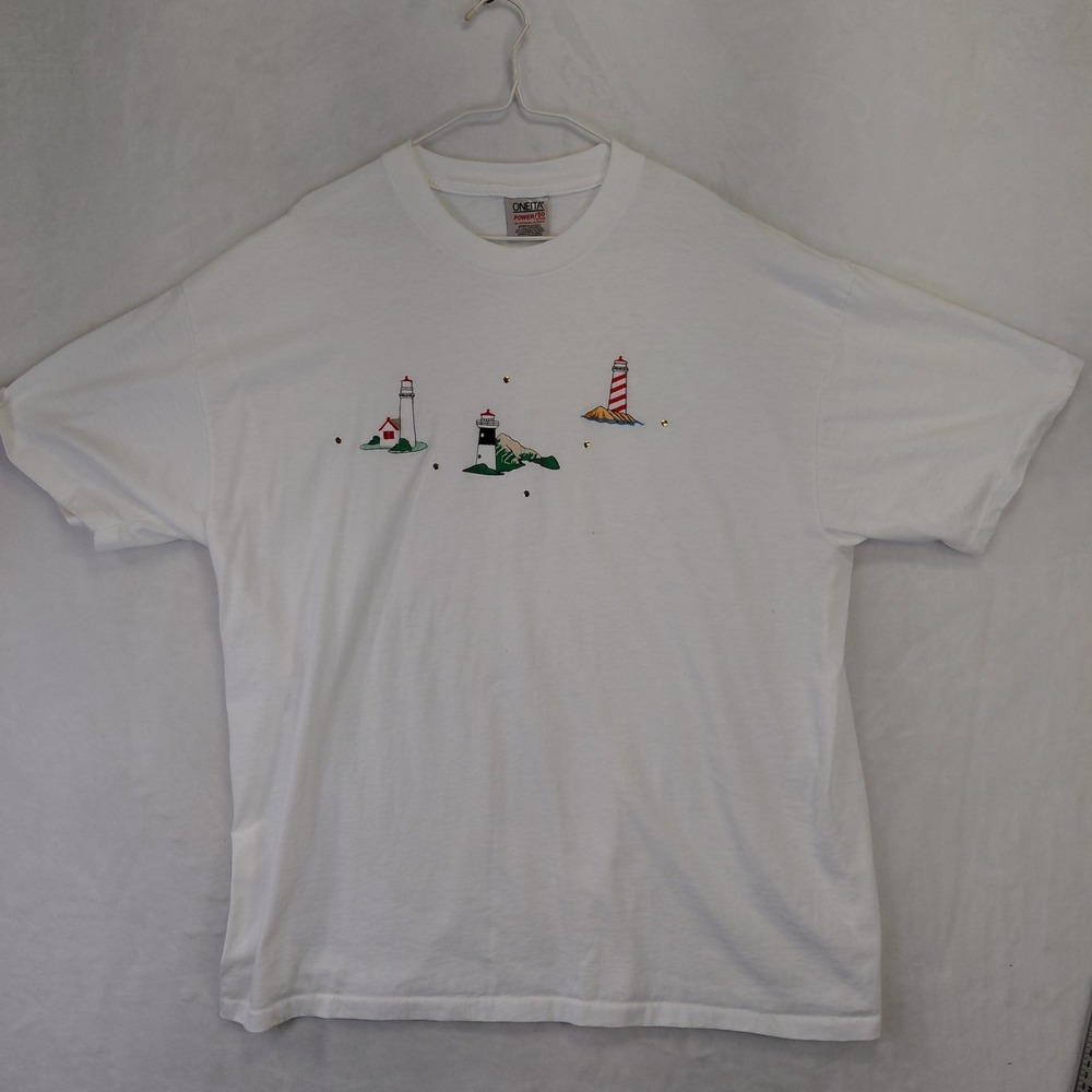 Vintage Oneita Power 50 Plus White Lighthouse Embroidered Single Stitch Tee 2XL